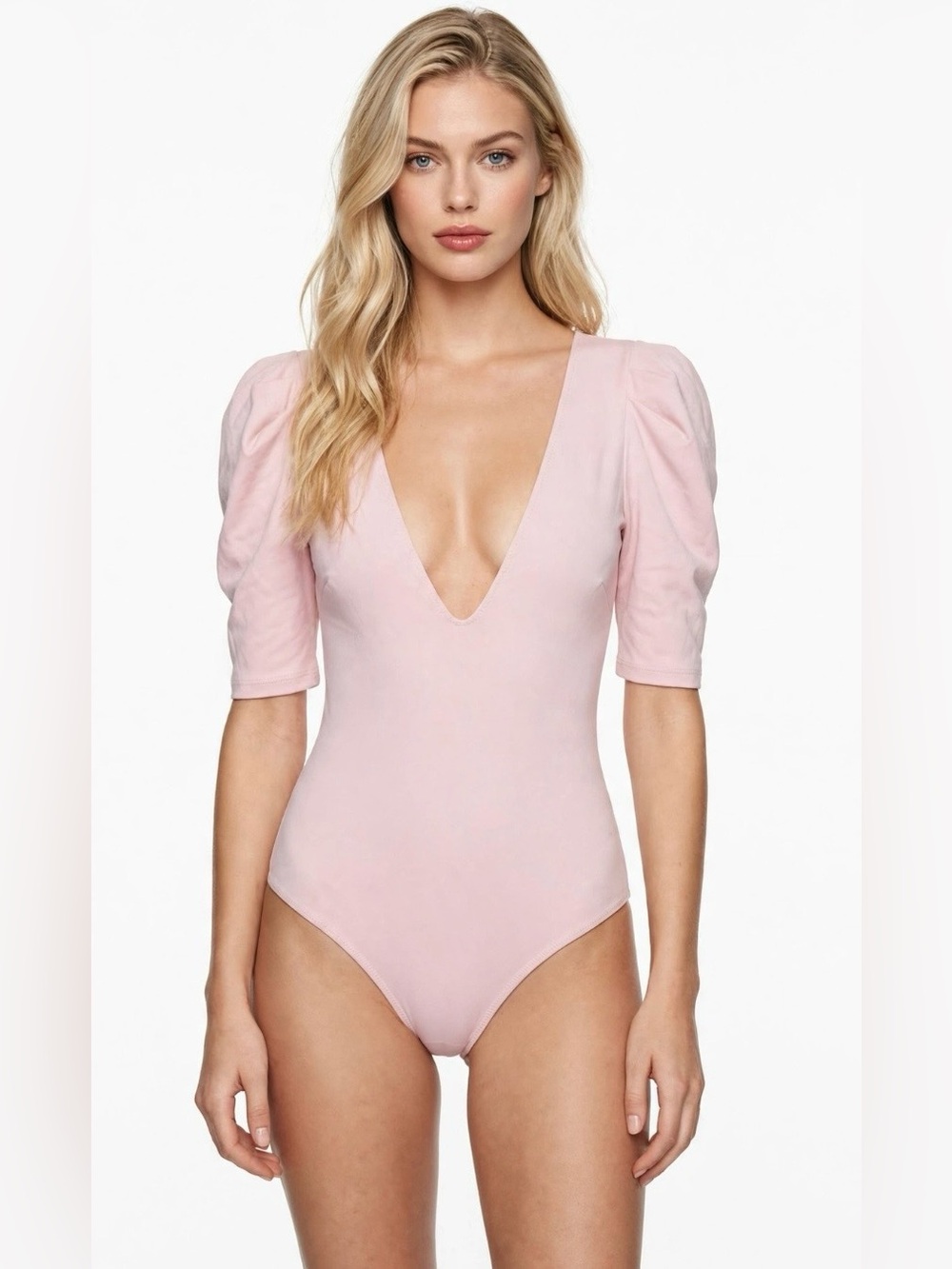 Free People Intametly NWT Deep V Puff Sleeve Thong Bodysuit Pink Size M